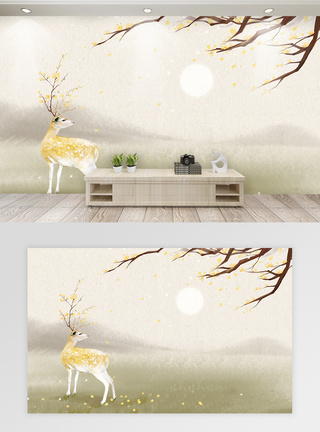 桂花树鹿装饰画图片