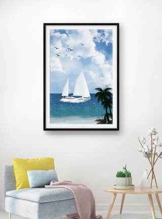 夏季游艇旅游大海风景油画客厅装饰画图片