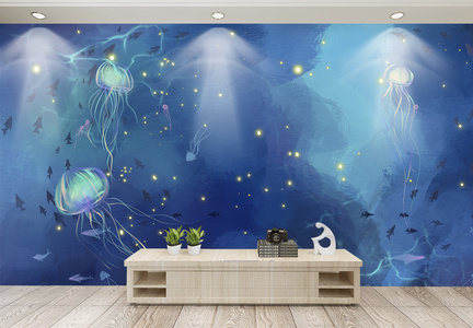 蓝色海底世界儿童房电视背景墙图片