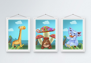 可爱卡通动物三联框装饰画清新高清图片素材