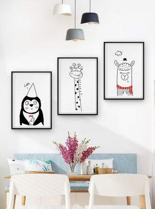 可爱卡通动物三联框装饰画图片