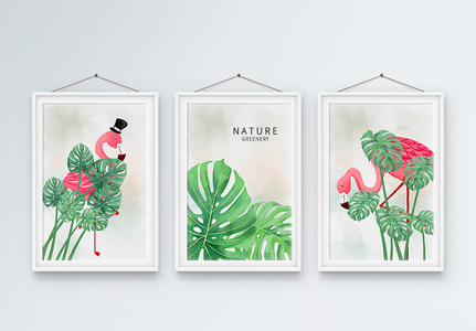 北欧手绘小清新热带植物叶子火烈鸟装饰画三联框图片