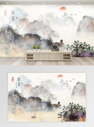 中国风元素中国风山水画背景墙模板