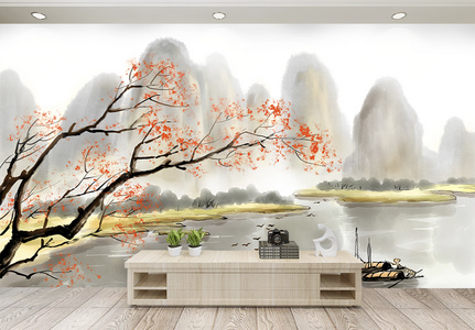 中国风江南秋景背景墙图片