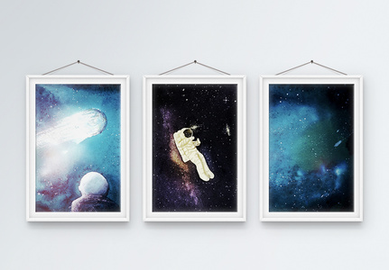 现代风格宇宙星空儿童房三联框装饰画图片