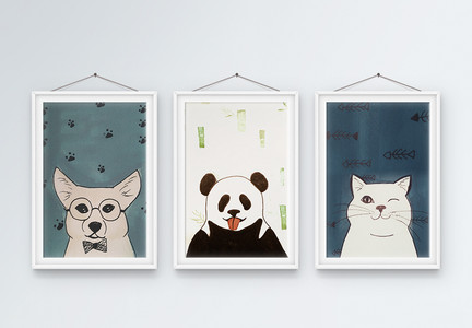 动物系儿童房三联框装饰画图片
