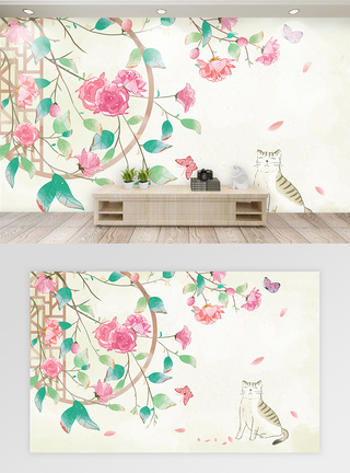 水彩猫插画花卉卡通背景墙模板