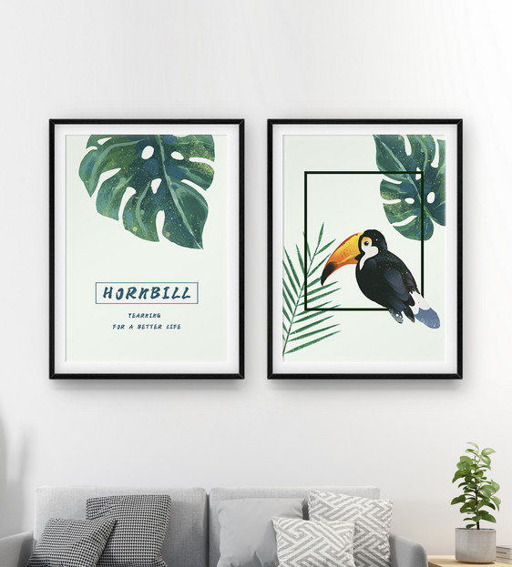 北欧风格犀鸟动植物二联框装饰画图片