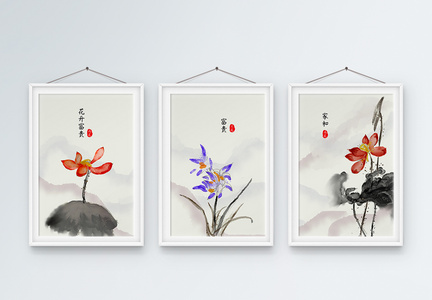 新中式中国水墨风荷花客厅装饰画三联框图片