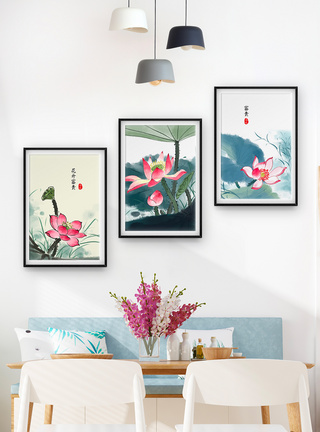 现代新中式中国风水墨荷花装饰画三联框图片