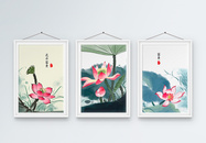 现代新中式中国风水墨荷花装饰画三联框图片