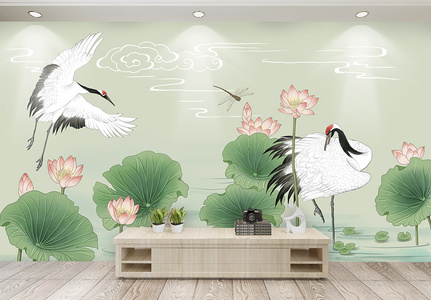 中国风荷花白鹤背景墙图片