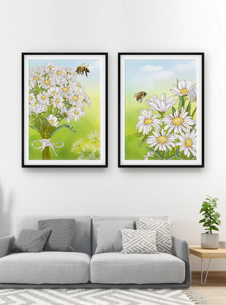 白色花卉手绘装饰画图片