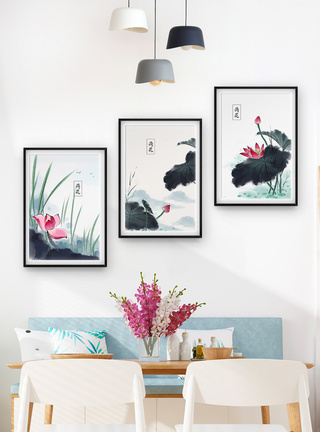 中国风水墨荷花装饰画三联框图片