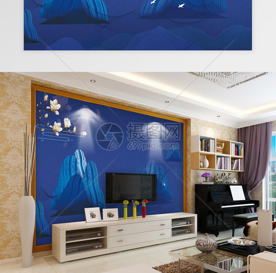 蓝色新中式中国风国潮元素背景墙图片