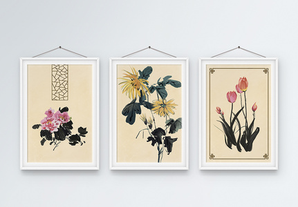 中国风花卉植物三联框装饰画图片