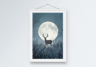 圆月之鹿装饰画风景装饰画高清图片素材