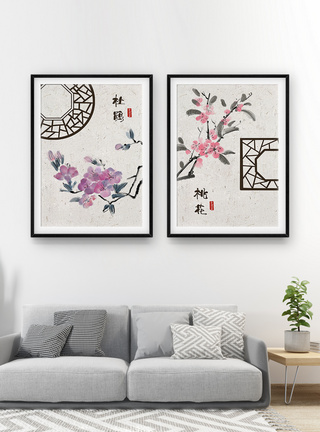 中国风古典植物三联框装饰画图片