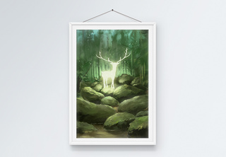 森林里的麋鹿装饰画风景挂画高清图片素材