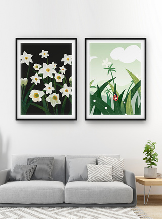 绿色植物花卉二联框装饰画图片