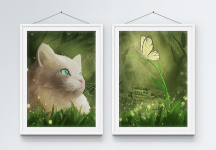 梦幻猫咪动植物二联框装饰画图片