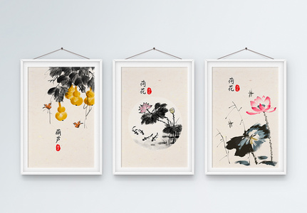 中国古风水墨装饰画三联框高清图片