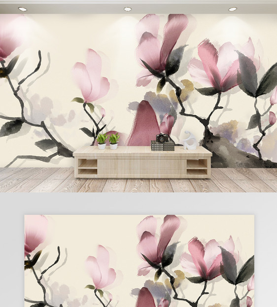 新中式玉兰花客厅电视沙发背景墙图片