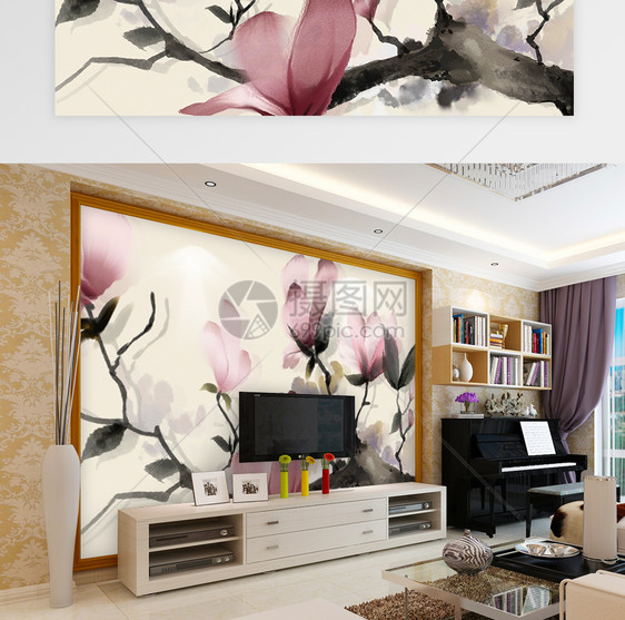 新中式玉兰花客厅电视沙发背景墙图片