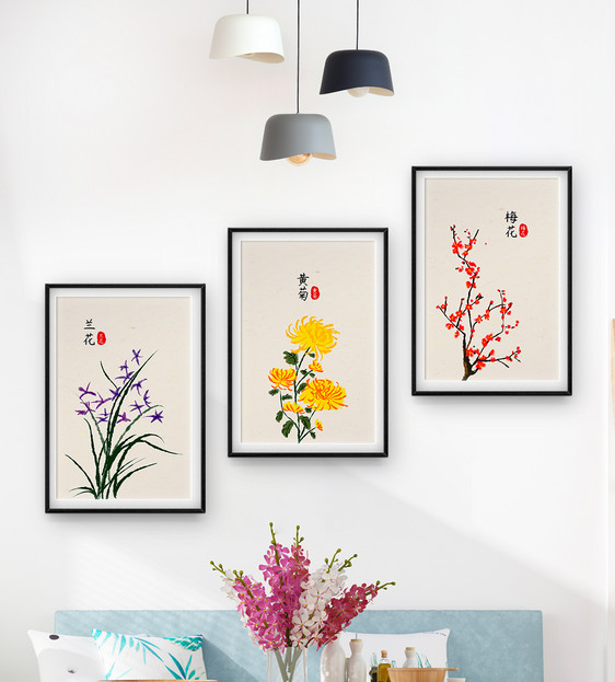 新中式植物客厅装饰画中国风图片