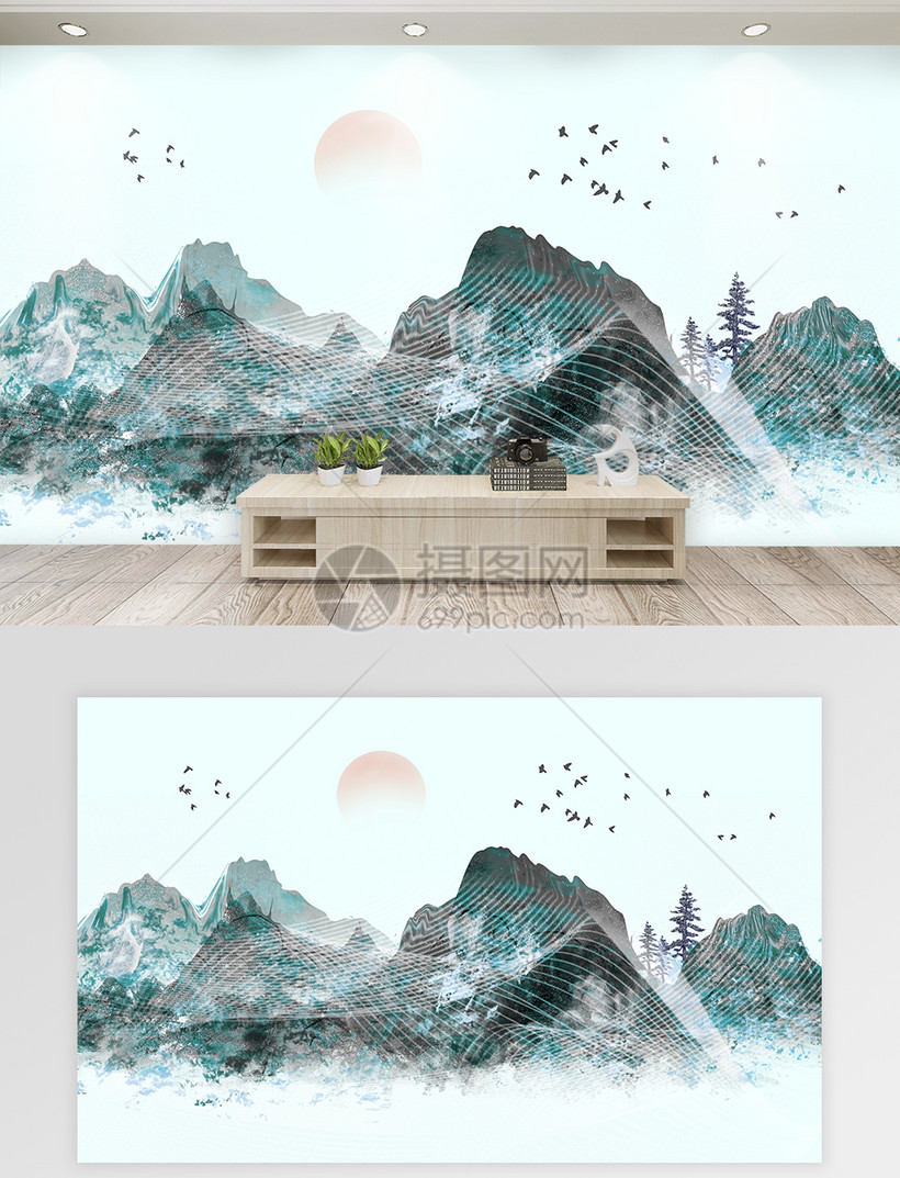 设计模板正版 模板素材下载,该模板素材标题为中国风创意山水画背景墙