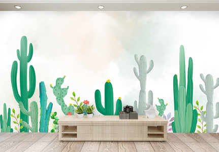 北欧简约仙人掌植物背景墙高清图片