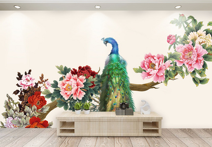 中式古典孔雀牡丹花背景墙图片