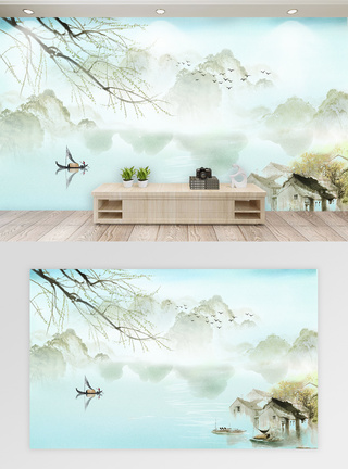 江南春色水墨风景背景墙图片