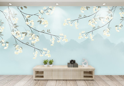 中国风蓝色古风古色花枝背景墙图片