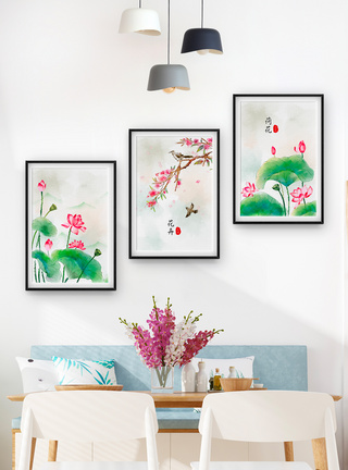 植物壁画中国风荷花装饰画三联框模板