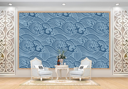 蓝色中国风线性水纹背景墙图片