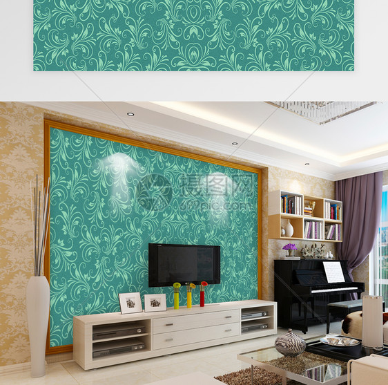 绿色中式底纹电视背景墙图片