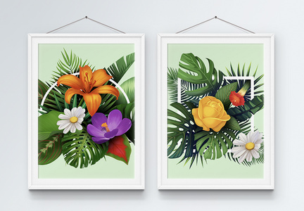 绿色清新花卉植物二联框装饰画图片