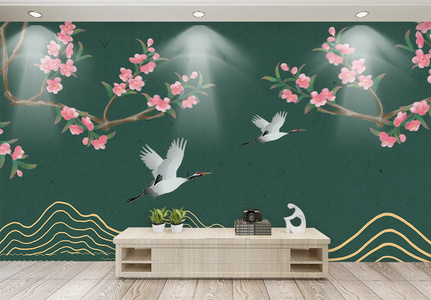 中式花枝仙鹤背景墙图片