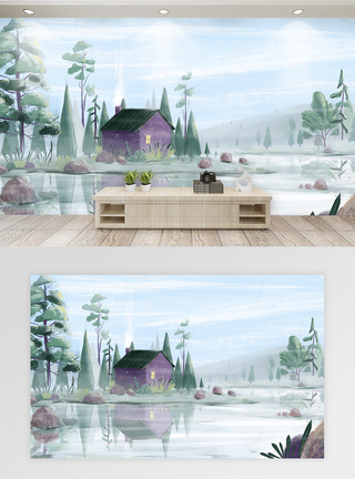 湖边小屋风景背景墙图片