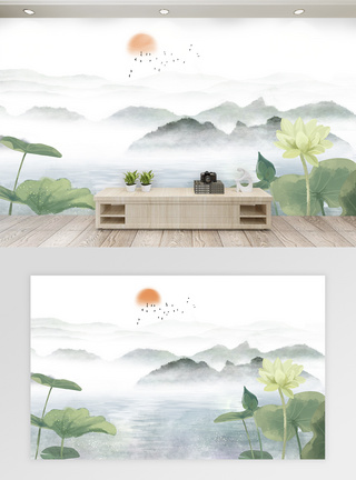 山水风景背景墙中国风荷花背景墙模板