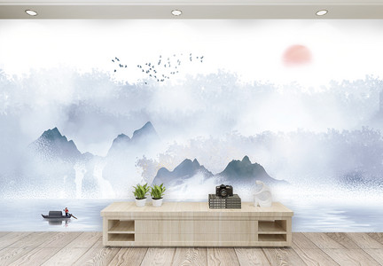 中式水墨山水画背景墙图片