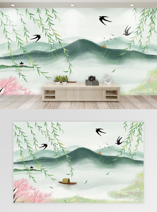 草地装饰唯美中国风山水风景背景墙模板