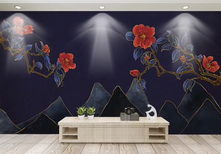 中国风深色系烫金花枝背景墙图片