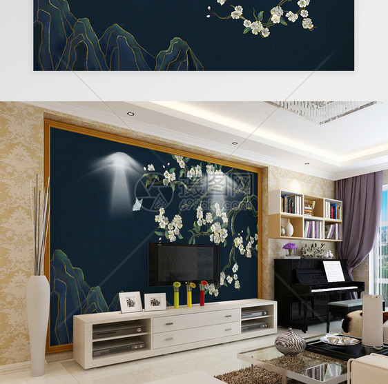 中国风深色系花枝背景墙图片