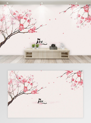 粉色背景墙唯美桃花树下的猫咪背景墙模板