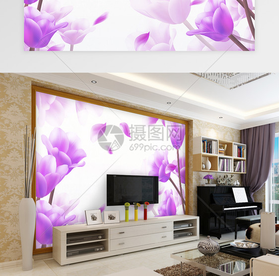 唯美粉色花卉电视背景墙图片