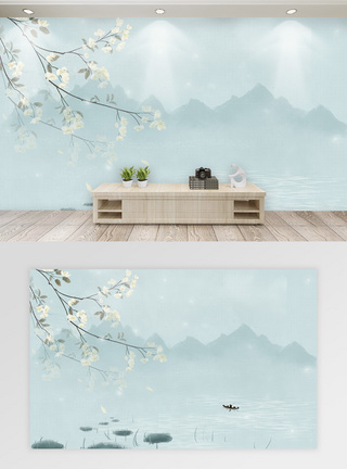 渔船水彩唯美花卉背景墙模板