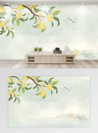 中国风水彩花卉水彩桂花背景墙模板