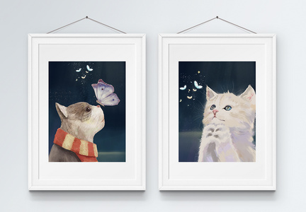 可爱猫咪手绘卡通装饰画图片